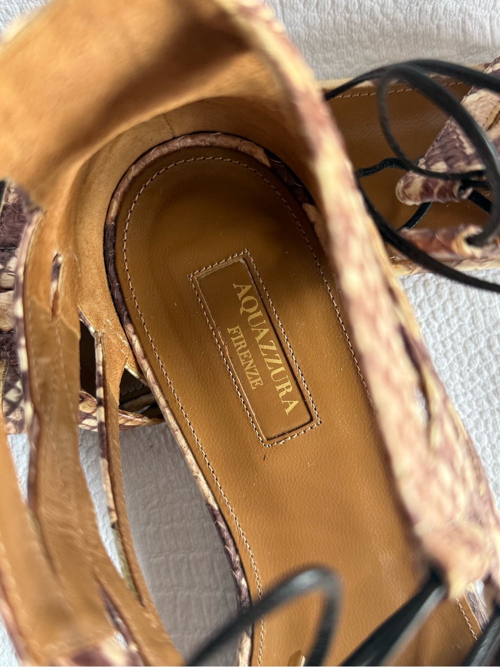 Aquazzura Tan Leather & Python-Print Lace-Up Sandals